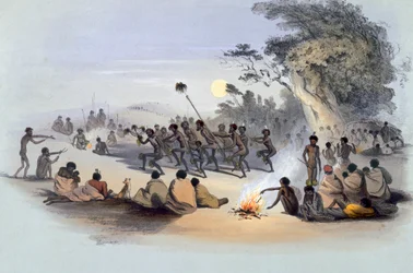 De ursprungliga invånarna: Kuri-dansen, från "South Australia Illustrated", publicerad 1847 (handkolorerat gravyr).